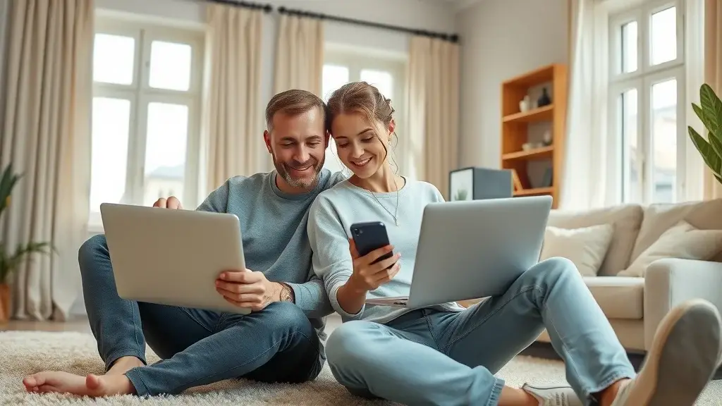 Couple searching for carpet cleaners close to me on laptop and smartphone
