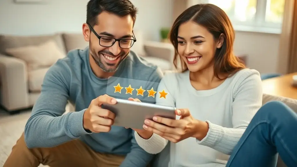 Satisfied couple leaving a positive review for carpet cleaners close to me