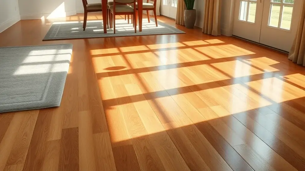 Shiny hardwood floor next to a clean area rug - wood floor and carpet cleaning results