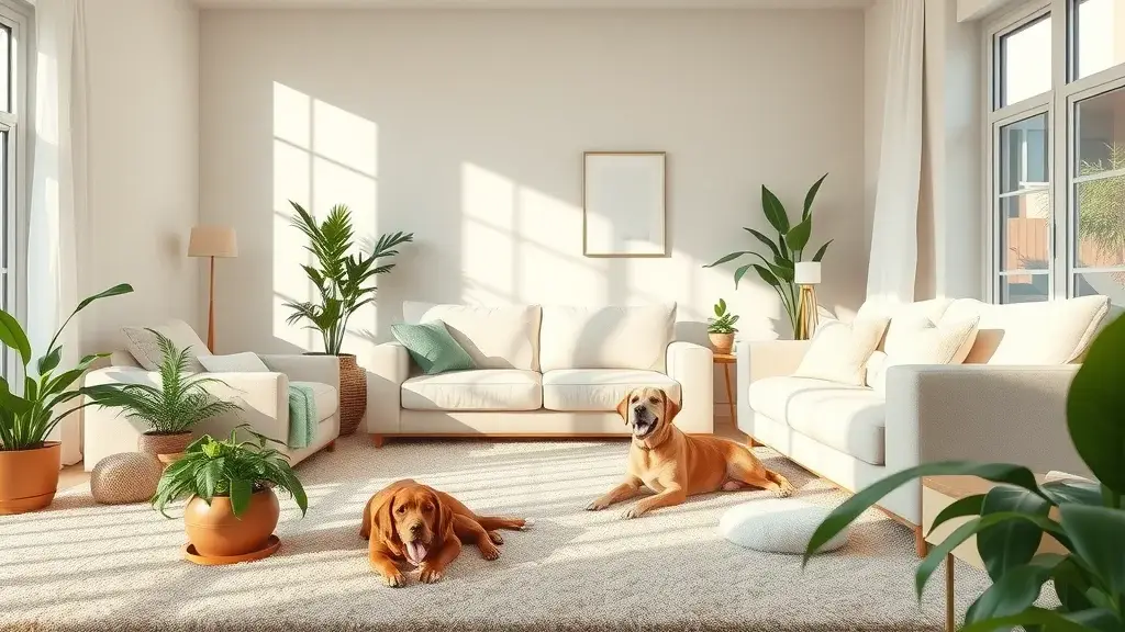 Freshly cleaned living room with plush beige carpet - happy family and dog after carpet cleaning