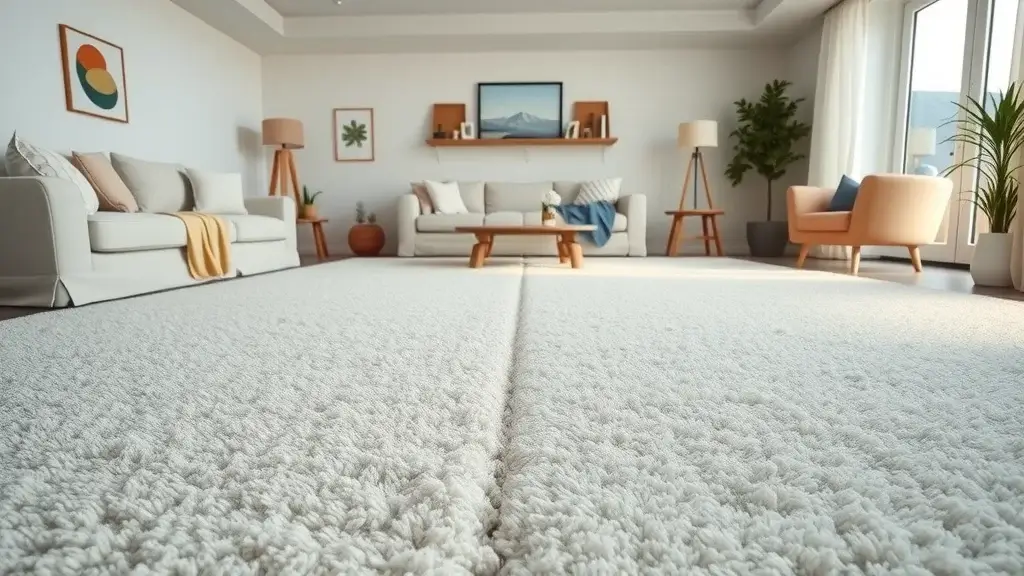 Clean plush carpet in a bright family room showing cleaned and uncleaned sides - carpet cleaning effectiveness