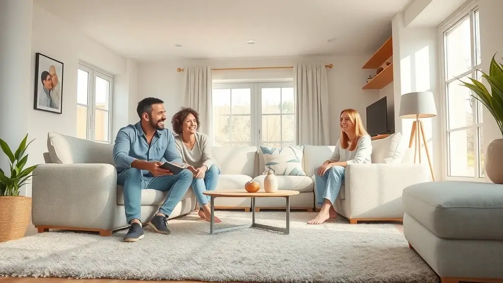 Inviting modern living room with freshly cleaned carpets and area rugs - carpet and rug cleaning in an ultra-realistic, cozy sunlit space