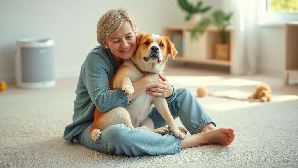 Pet owner relaxing with dog on a clean carpet, pet urine removal by carpet cleaners close to me