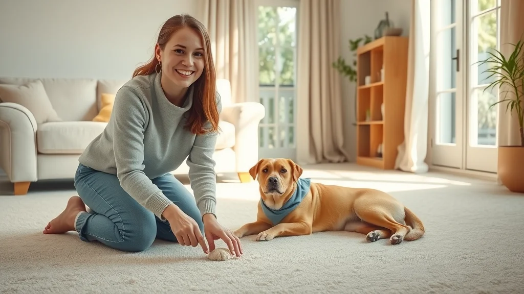 Pet damaged carpet repair in living room with pet owner and dog inspecting carpet