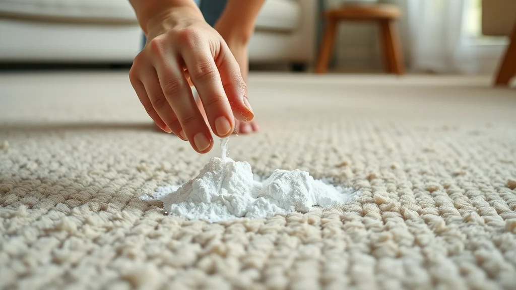 Hands gently applying baking soda to a carpet stain, illustrating cost-effective ways to clean carpet like a pro, showing powder texture on soft beige carpet in a modern living room setting.
