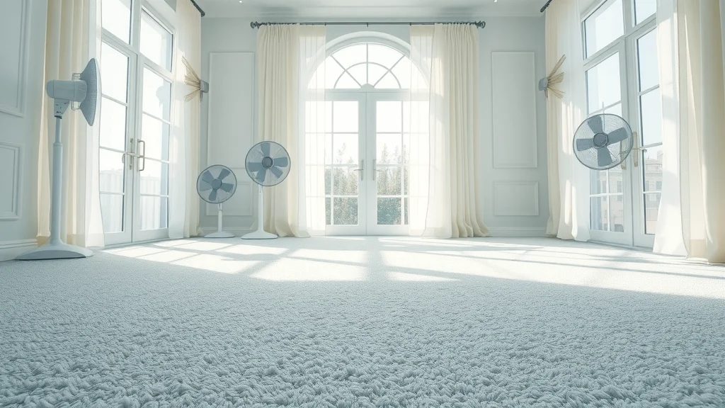 Freshly cleaned carpet drying with oscillating fans and open windows, creating an airy room and plush visible carpet fibers for fast drying after cleaning carpet like a pro.