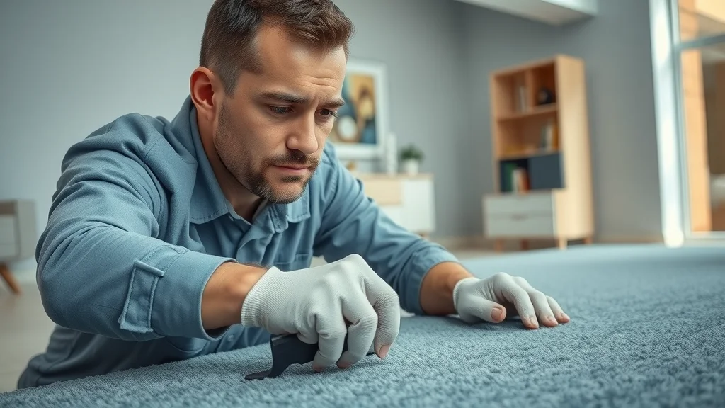 Professional carpet repair technician stretching and repairing pet damaged carpet