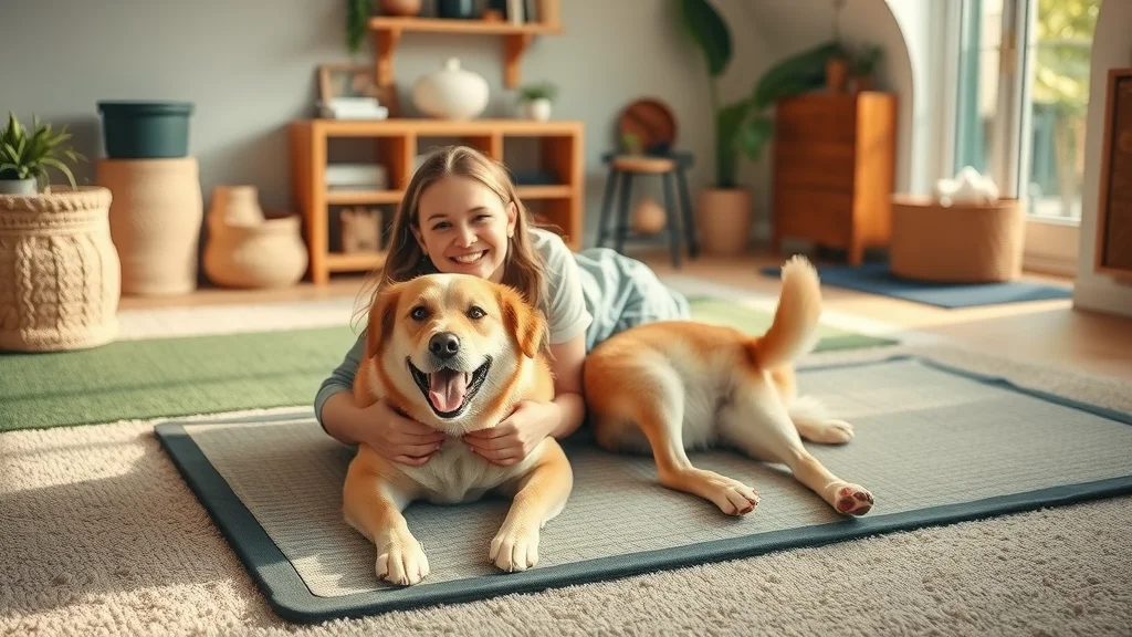 Happy pet on protective rug with owner to prevent pet carpet damage