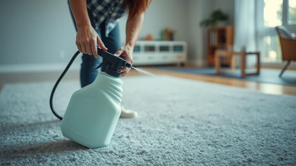 Person using pump-up sprayer to apply cleaning solution to carpet, showing the key cleaning method to clean carpet like a pro with visible fine spray and detailed carpet fibers.
