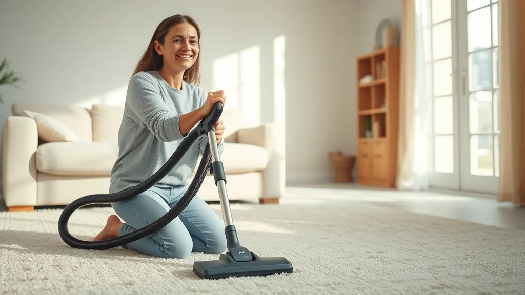 Inviting living room with clean, plush carpet and a person vacuuming using household supplies, demonstrating how to clean carpet like a pro with baking soda and spray bottle visible in the background, photorealistic style, high detail.